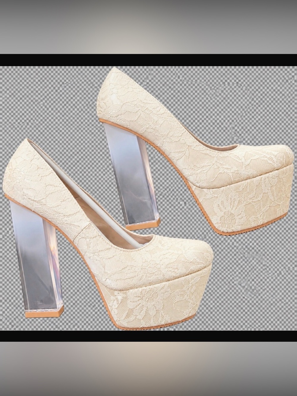 Cream Lace Platform Pumps with Clear Block Heel